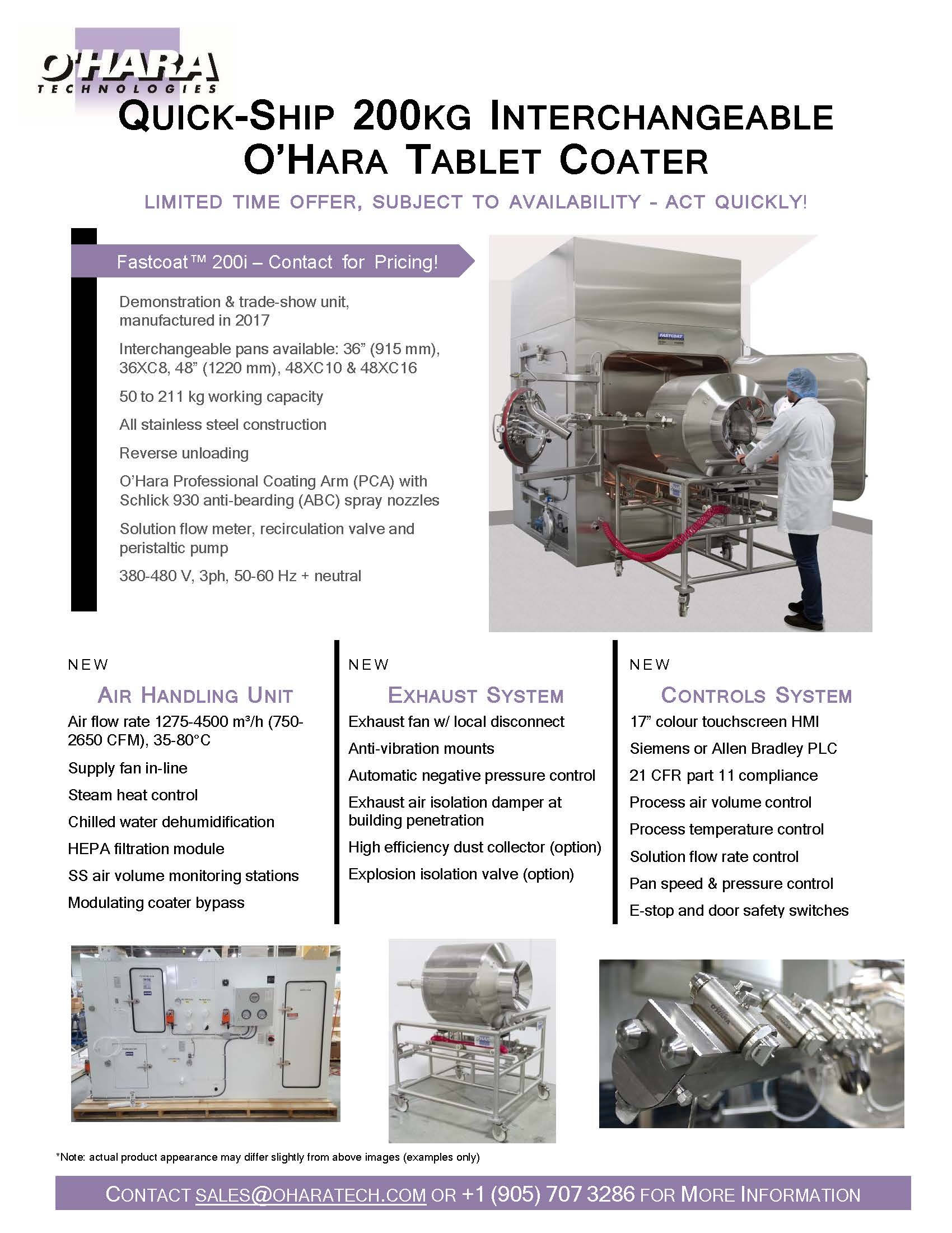 BRAND NEW QUICK-SHIP 200 KG INTERCHANGEABLE O'HARA TABLET COATER
